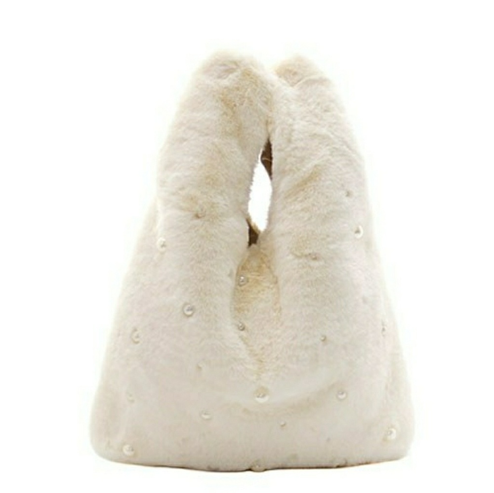 Plush Cream Faux Fur Pearl-Embellished Pull Through  Bag